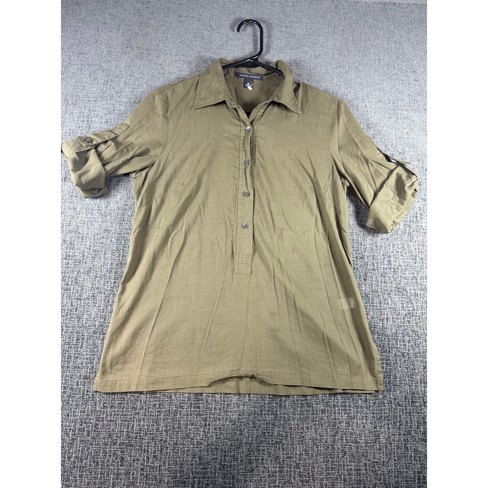 Banana Republic Womens Olive Green Roll Tab Sleeve Button Front Tunic Top Size M